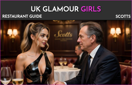 high class london escorts dinner dates at Scotts in Mayfair. Hot latex girl with older man.